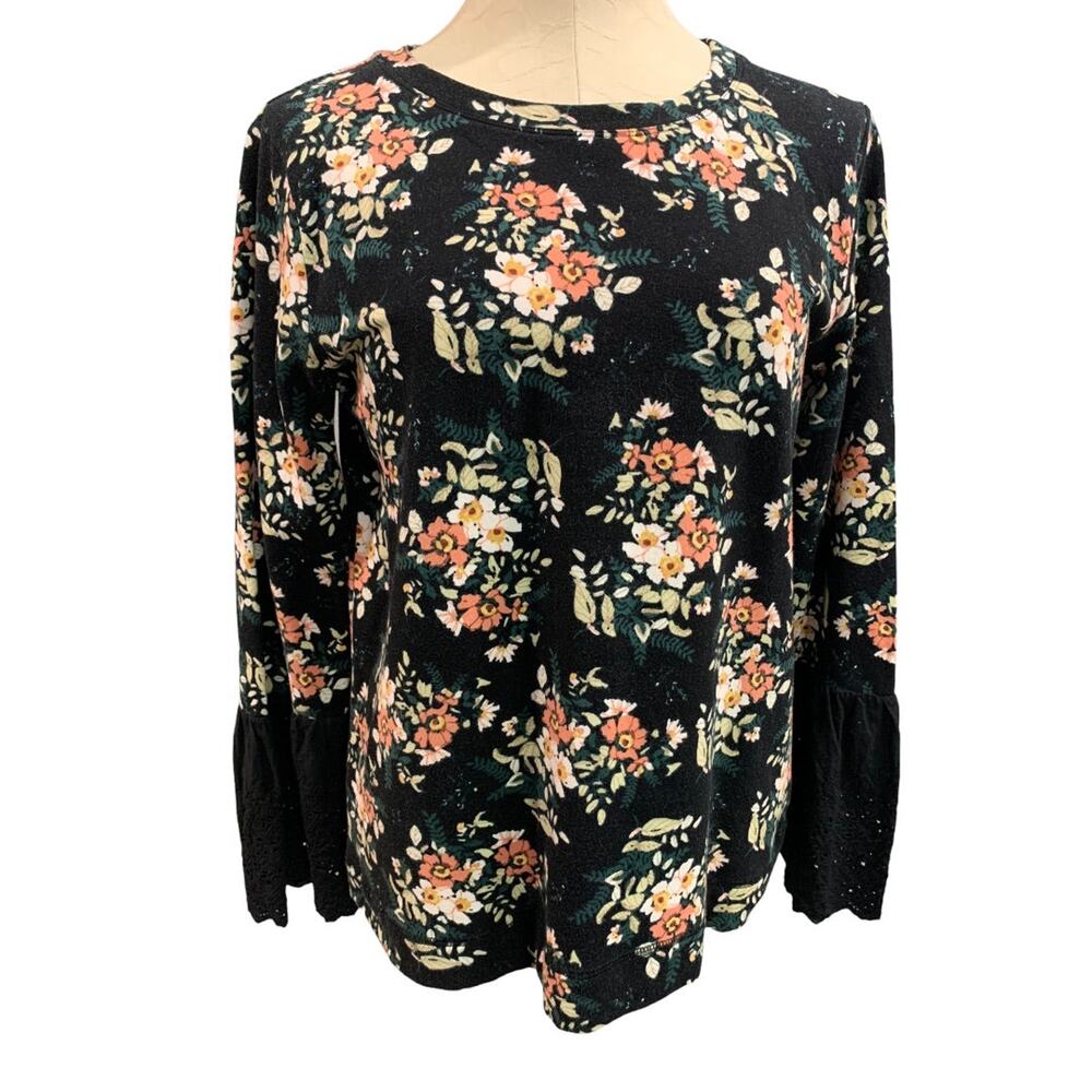 Medium Bobeau Womens Pullover Floral Shirt Eyelet Trim Sleeves